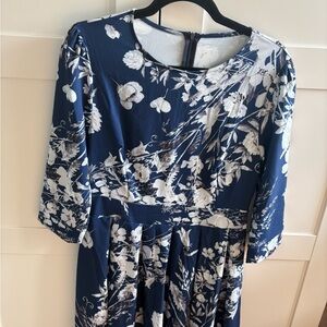 Classic Navy Floral Midi Dress - Navy & White